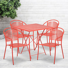 Oia Commercial Grade 28" Square Coral Indoor-Outdoor Steel Folding Patio Table Set with 4 Round Back Chairs [FLF-CO-28SQF-03CHR4-RED-GG]