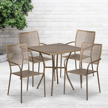 Oia Commercial Grade 28" Square Gold Indoor-Outdoor Steel Patio Table Set with 4 Square Back Chairs [FLF-CO-28SQ-02CHR4-GD-GG]