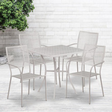 Oia Commercial Grade 28" Square Light Gray Indoor-Outdoor Steel Patio Table Set with 4 Square Back Chairs [FLF-CO-28SQ-02CHR4-SIL-GG]
