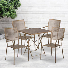 Oia Commercial Grade 28" Square Gold Indoor-Outdoor Steel Folding Patio Table Set with 4 Square Back Chairs [FLF-CO-28SQF-02CHR4-GD-GG]