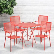 Oia Commercial Grade 28" Square Coral Indoor-Outdoor Steel Folding Patio Table Set with 4 Square Back Chairs [FLF-CO-28SQF-02CHR4-RED-GG]