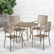 Oia Commercial Grade 30" Round Gold Indoor-Outdoor Steel Folding Patio Table Set with 4 Square Back Chairs [FLF-CO-30RDF-02CHR4-GD-GG]