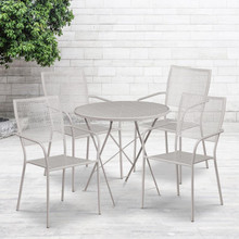 Oia Commercial Grade 30" Round Light Gray Indoor-Outdoor Steel Folding Patio Table Set with 4 Square Back Chairs [FLF-CO-30RDF-02CHR4-SIL-GG]