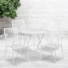 Oia Commercial Grade 30" Round White Indoor-Outdoor Steel Folding Patio Table Set with 4 Square Back Chairs [FLF-CO-30RDF-02CHR4-WH-GG]