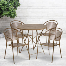 Oia Commercial Grade 30" Round Gold Indoor-Outdoor Steel Folding Patio Table Set with 4 Round Back Chairs [FLF-CO-30RDF-03CHR4-GD-GG]