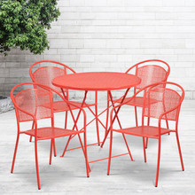 Oia Commercial Grade 30" Round Coral Indoor-Outdoor Steel Folding Patio Table Set with 4 Round Back Chairs [FLF-CO-30RDF-03CHR4-RED-GG]