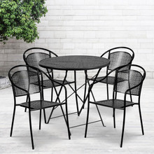 Oia Commercial Grade 30" Round Black Indoor-Outdoor Steel Folding Patio Table Set with 4 Round Back Chairs [FLF-CO-30RDF-03CHR4-BK-GG]