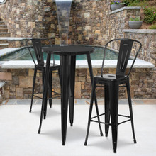 Commercial Grade 24" Round Black Metal Indoor-Outdoor Bar Table Set with 2 Cafe Stools [FLF-CH-51080BH-2-30CAFE-BK-GG]