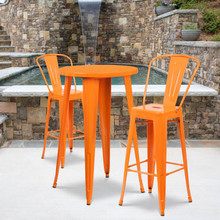 Commercial Grade 24" Round Orange Metal Indoor-Outdoor Bar Table Set with 2 Cafe Stools [FLF-CH-51080BH-2-30CAFE-OR-GG]