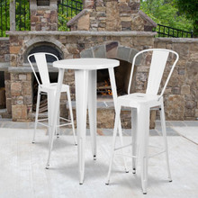 Commercial Grade 24" Round White Metal Indoor-Outdoor Bar Table Set with 2 Cafe Stools [FLF-CH-51080BH-2-30CAFE-WH-GG]