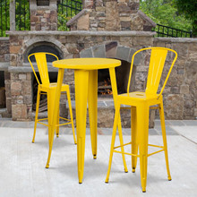 Commercial Grade 24" Round Yellow Metal Indoor-Outdoor Bar Table Set with 2 Cafe Stools [FLF-CH-51080BH-2-30CAFE-YL-GG]