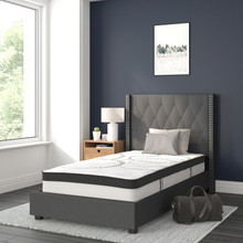 Riverdale Twin Size Tufted Upholstered Platform Bed in Dark Gray Fabric with 10 Inch CertiPUR-US Certified Pocket Spring Mattress [FLF-HG-BM10-45-GG]