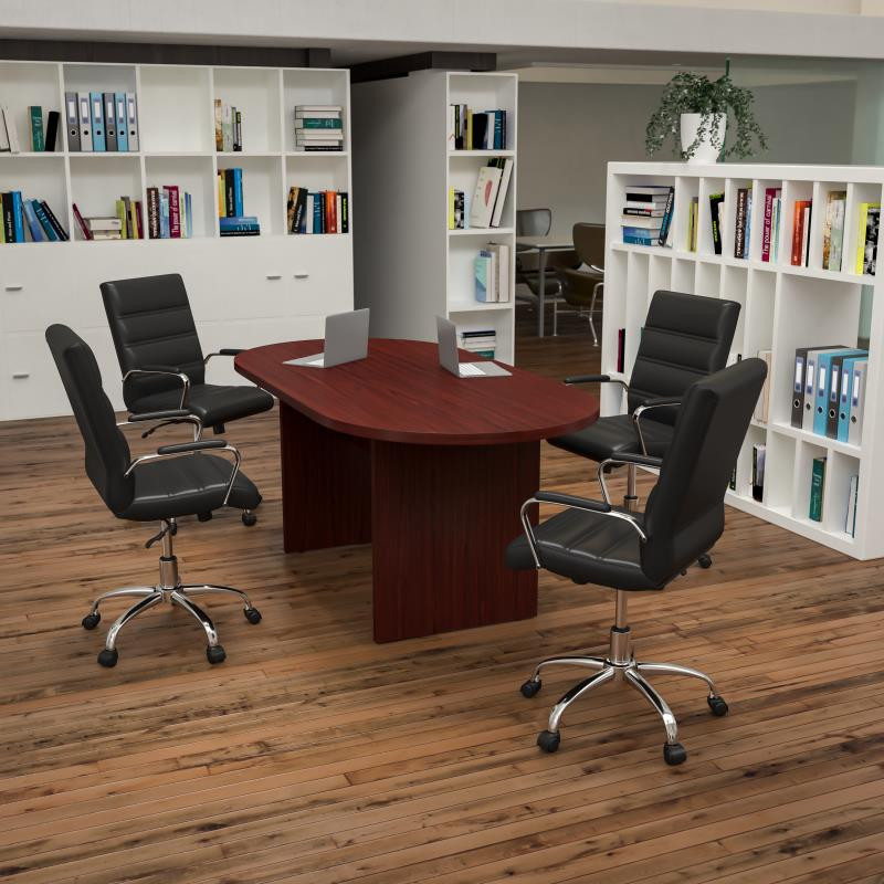 5 Piece Mahogany Oval Conference Table Set with 4 Black and Chrome