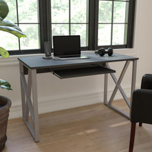 Black Computer Desk with Pull-Out Keyboard Tray and Cross-Brace Frame [FLF-NAN-WK-004-GG]