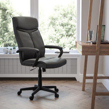 High Back Black LeatherSoft Executive Swivel Office Chair with Slight Mesh Accent and Arms [FLF-GO-2196-1-GG]