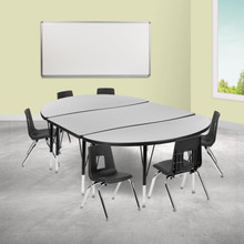 Emmy 76" Oval Wave Flexible Laminate Activity Table Set with 12" Student Stack Chairs, Grey/Black [FLF-XU-GRP-12CH-A3048CON-48-GY-T-P-GG]