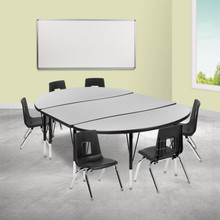 Emmy 76" Oval Wave Flexible Laminate Activity Table Set with 14" Student Stack Chairs, Grey/Black [FLF-XU-GRP-14CH-A3048CON-48-GY-T-P-GG]