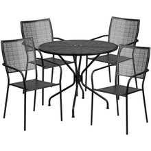 Oia Commercial Grade 35.25" Round Black Indoor-Outdoor Steel Patio Table Set with 4 Square Back Chairs [FLF-CO-35RD-02CHR4-BK-GG]