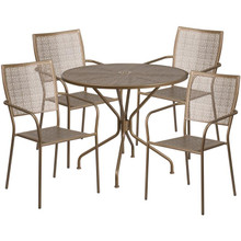 Oia Commercial Grade 35.25" Round Gold Indoor-Outdoor Steel Patio Table Set with 4 Square Back Chairs [FLF-CO-35RD-02CHR4-GD-GG]