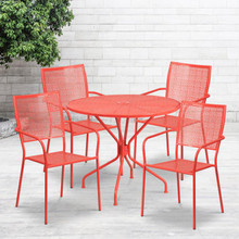 Oia Commercial Grade 35.25" Round Coral Indoor-Outdoor Steel Patio Table Set with 4 Square Back Chairs [FLF-CO-35RD-02CHR4-RED-GG]