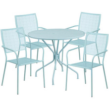 Oia Commercial Grade 35.25" Round Sky Blue Indoor-Outdoor Steel Patio Table Set with 4 Square Back Chairs [FLF-CO-35RD-02CHR4-SKY-GG]