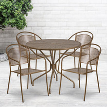 Oia Commercial Grade 35.25" Round Gold Indoor-Outdoor Steel Patio Table Set with 4 Round Back Chairs [FLF-CO-35RD-03CHR4-GD-GG]