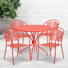 Oia Commercial Grade 35.25" Round Coral Indoor-Outdoor Steel Patio Table Set with 4 Round Back Chairs [FLF-CO-35RD-03CHR4-RED-GG]