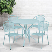 Oia Commercial Grade 35.25" Round Sky Blue Indoor-Outdoor Steel Patio Table Set with 4 Round Back Chairs [FLF-CO-35RD-03CHR4-SKY-GG]