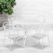 Oia Commercial Grade 35.25" Round White Indoor-Outdoor Steel Patio Table Set with 4 Round Back Chairs [FLF-CO-35RD-03CHR4-WH-GG]