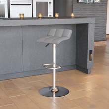 Contemporary Gray Vinyl Adjustable Height Barstool with Quilted Wave Seat and Chrome Base [FLF-DS-801B-GY-GG]