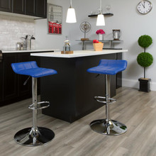 Contemporary Blue Vinyl Adjustable Height Barstool with Quilted Wave Seat and Chrome Base [FLF-DS-801B-BL-GG]