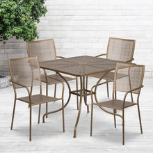 Oia Commercial Grade 35.5" Square Gold Indoor-Outdoor Steel Patio Table Set with 4 Square Back Chairs [FLF-CO-35SQ-02CHR4-GD-GG]