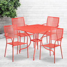 Oia Commercial Grade 35.5" Square Coral Indoor-Outdoor Steel Patio Table Set with 4 Square Back Chairs [FLF-CO-35SQ-02CHR4-RED-GG]