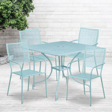 Oia Commercial Grade 35.5" Square Sky Blue Indoor-Outdoor Steel Patio Table Set with 4 Square Back Chairs [FLF-CO-35SQ-02CHR4-SKY-GG]