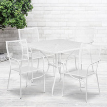 Oia Commercial Grade 35.5" Square White Indoor-Outdoor Steel Patio Table Set with 4 Square Back Chairs [FLF-CO-35SQ-02CHR4-WH-GG]