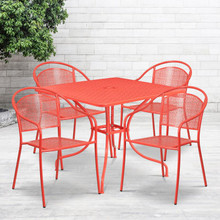Oia Commercial Grade 35.5" Square Coral Indoor-Outdoor Steel Patio Table Set with 4 Round Back Chairs [FLF-CO-35SQ-03CHR4-RED-GG]