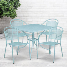 Oia Commercial Grade 35.5" Square Sky Blue Indoor-Outdoor Steel Patio Table Set with 4 Round Back Chairs [FLF-CO-35SQ-03CHR4-SKY-GG]