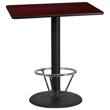 30'' x 42'' Rectangular Mahogany Laminate Table Top with 24'' Round Bar Height Table Base and Foot Ring [FLF-XU-MAHTB-3042-TR24B-4CFR-GG]