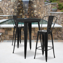 Commercial Grade 30" Round Black Metal Indoor-Outdoor Bar Table Set with 2 Cafe Stools [FLF-CH-51090BH-2-30CAFE-BK-GG]