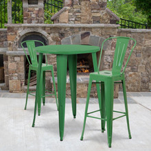 Commercial Grade 30" Round Green Metal Indoor-Outdoor Bar Table Set with 2 Cafe Stools [FLF-CH-51090BH-2-30CAFE-GN-GG]