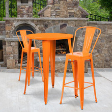 Commercial Grade 30" Round Orange Metal Indoor-Outdoor Bar Table Set with 2 Cafe Stools [FLF-CH-51090BH-2-30CAFE-OR-GG]