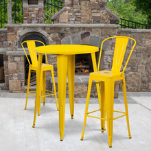 Commercial Grade 30" Round Yellow Metal Indoor-Outdoor Bar Table Set with 2 Cafe Stools [FLF-CH-51090BH-2-30CAFE-YL-GG]