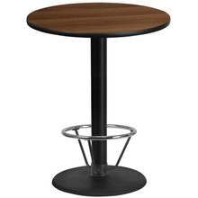 36'' Round Walnut Laminate Table Top with 24'' Round Bar Height Table Base and Foot Ring [FLF-XU-RD-36-WALTB-TR24B-4CFR-GG]