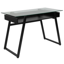 Huntley Glass Computer Desk with Shelf and Black Metal Legs [FLF-NAN-JN-2410-GG]