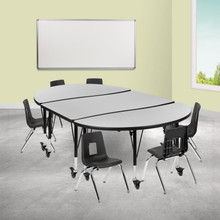 Emmy Mobile 76" Oval Wave Flexible Laminate Activity Table Set with 12" Student Stack Chairs, Grey/Black [FLF-XU-GRP-12CH-A3048CON-48-GY-T-P-CAS-GG]