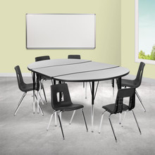 Emmy 76" Oval Wave Flexible Laminate Activity Table Set with 18" Student Stack Chairs, Grey/Black [FLF-XU-GRP-18CH-A3048CON-48-GY-T-A-GG]