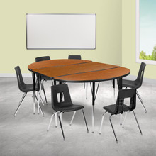 Emmy 76" Oval Wave Flexible Laminate Activity Table Set with 18" Student Stack Chairs, Oak/Black [FLF-XU-GRP-18CH-A3048CON-48-OAK-T-A-GG]