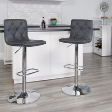 Contemporary Button Tufted Gray Vinyl Adjustable Height Barstool with Chrome Base [FLF-CH-112080-GY-GG]
