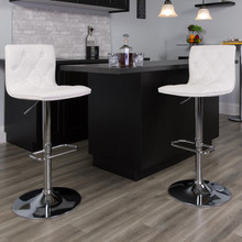 Contemporary Button Tufted White Vinyl Adjustable Height Barstool with Chrome Base [FLF-CH-112080-WH-GG]