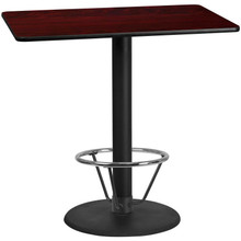 30'' x 48'' Rectangular Mahogany Laminate Table Top with 24'' Round Bar Height Table Base and Foot Ring [FLF-XU-MAHTB-3048-TR24B-4CFR-GG]